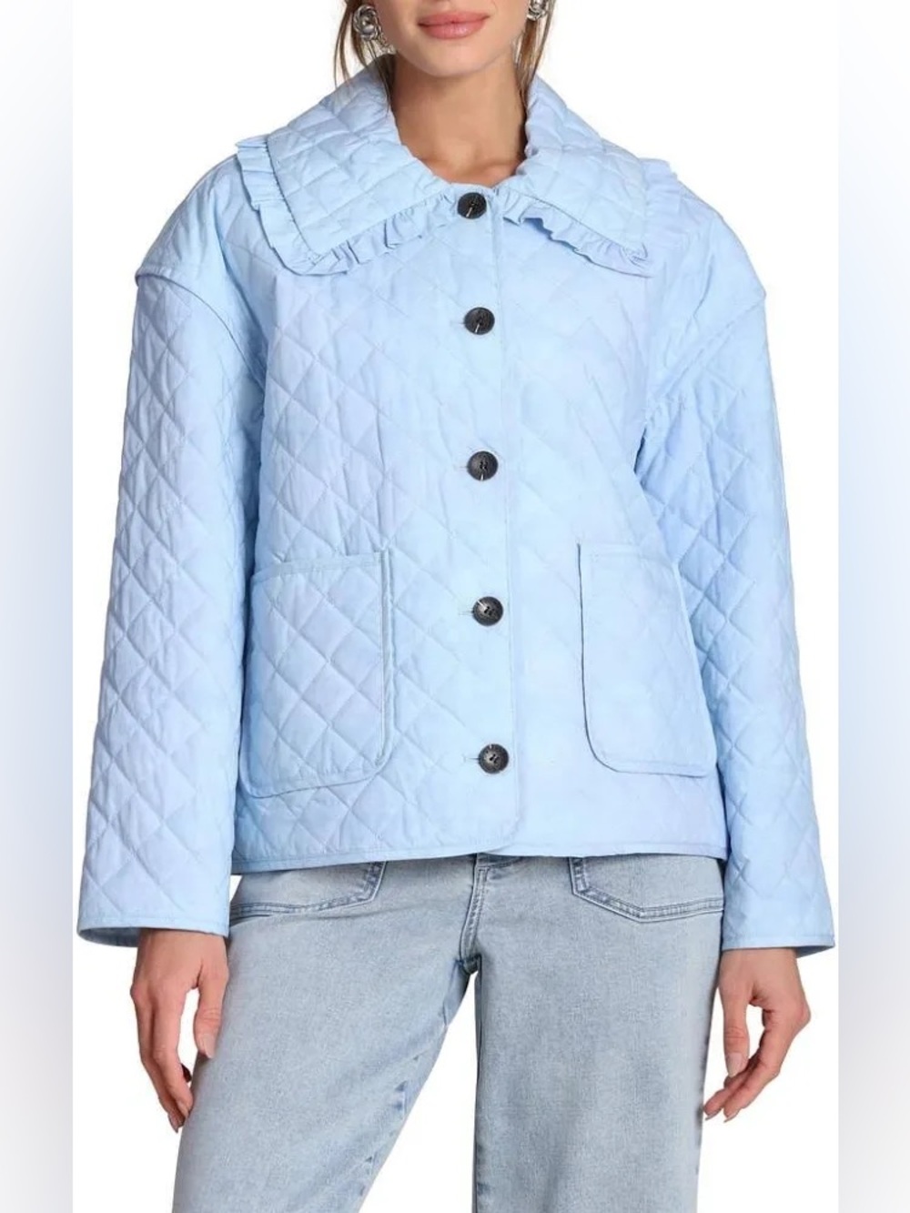 BAGATELLE COLLECTION Light Blue Quilted Lined Jacket Ruffle Collar M Medium